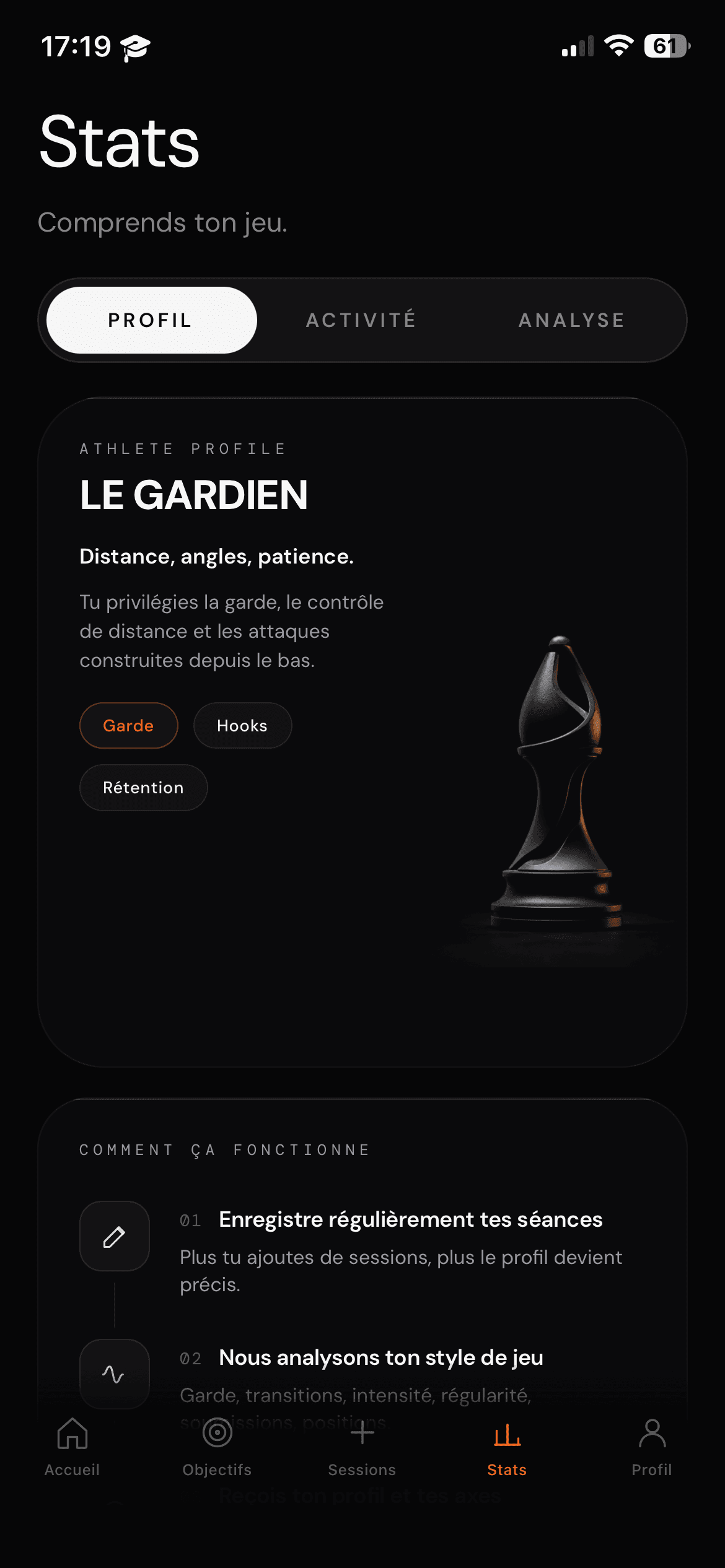 Capture d’écran MindRoll — statistiques et profil d’athlète